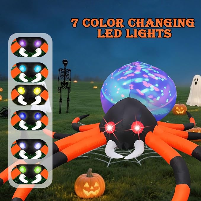 8 FT Halloween Inflatable Spider with 7 Color Changing LED Lights, Blow Up Yard Inflatables with Rotating Lights Holiday Inflatable Decorations for Outdoor Yard Garden Lawn