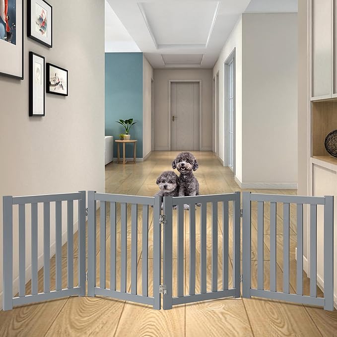 LZRS 4-Panel Wooden Free Standing Foldable Dog Gate – 24" High, Extra Wide Step-Over Safety Pet Gate for Doorways, Stairs, Hallways, Large Spaces & Playpen for Puppies Indoor Use, Grey