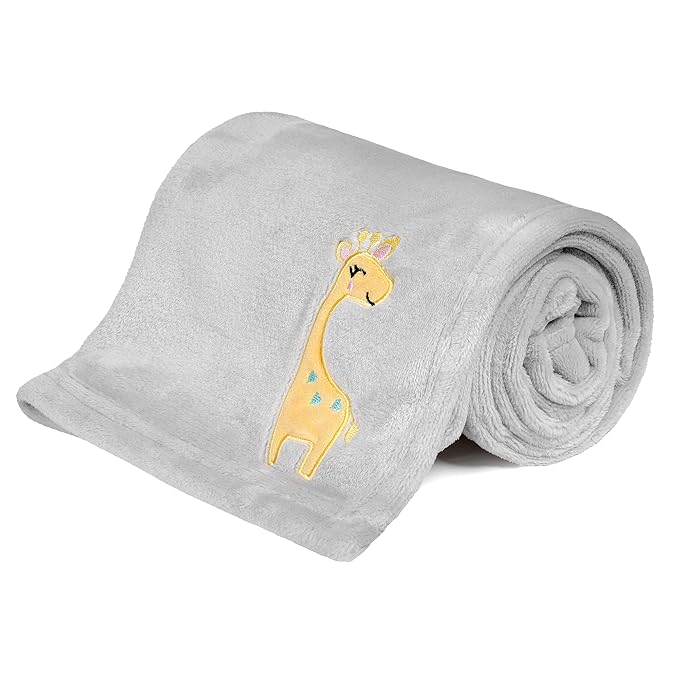DaysU Plush Flannel Baby Blanket Super-soft Lightweight, Embroidered Fleece Baby Blanket for Unisex, Oversized Bed Throws for Kids and Children, Grey Giraffe, 50”x60”