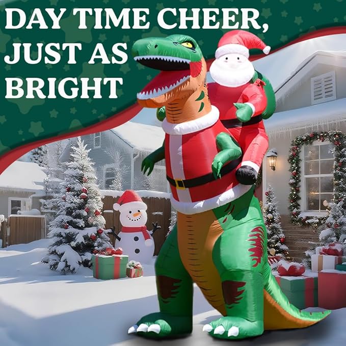 GARIG 9FT Christmas Inflatables Dinosaur and Santa Claus Outdoor Decorations, Christmas Blow Up Yard Decorations with Built-in LEDs for Xmax Outdoor Party, Yard, Garden