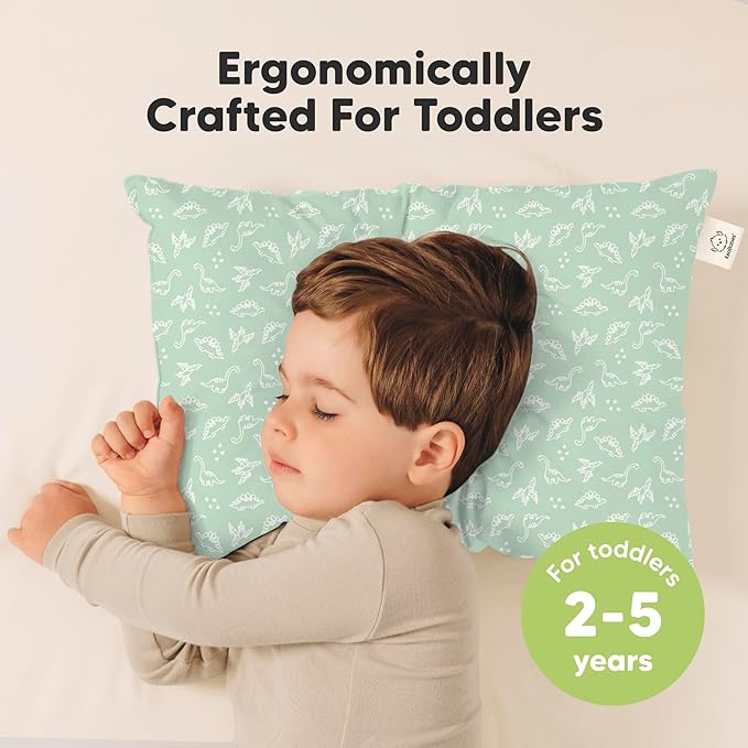 2-Pack Toddler Pillow - Soft Organic Cotton Toddler Pillows for Sleeping - 13X18 Small Pillow for Kids - Kids Pillows for Sleeping - Kids Pillow for Travel, School, Nap, Age 2 to 5 (DinoLand)