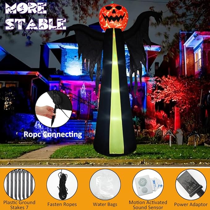 10.3Ft Halloween Inflatable Pumpkin Ghost, Halloween Blow Up Yard Decoration with LED Lights and Scary Sound for Halloween Outdoor Decoration, Giant Inflatables Ghost Yard Prop
