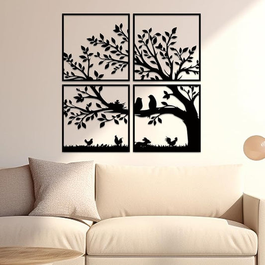 ruelen Wall Decor 4 Pieces Metal Birds and Branch Wall Art, Tree of Life Metal Wall Art, Black Leaves with Birds Silhouette Hanging Wall Sculpture For Indoor Home Bedroom Living Room Office Outdoor