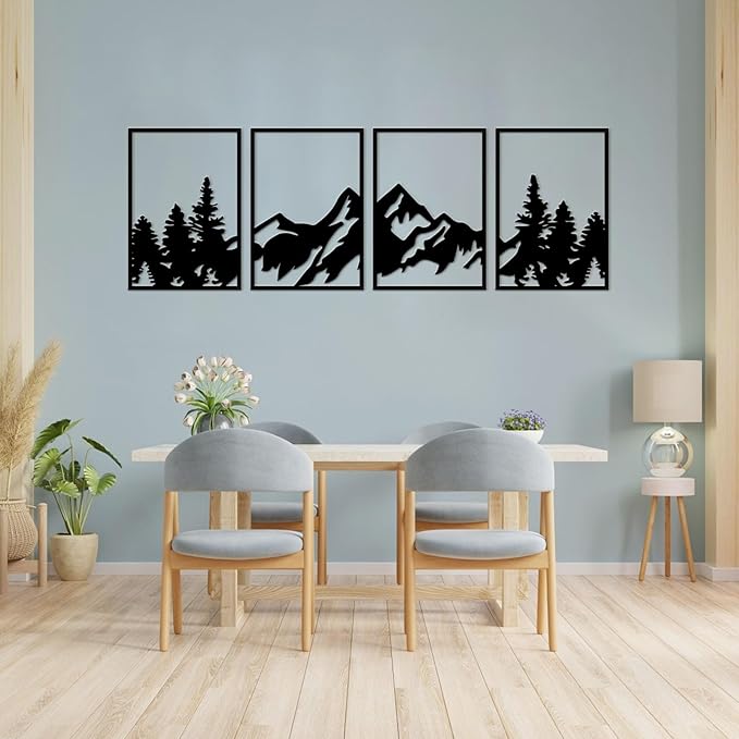 ESTART Large Mountain Wall Art - 4 Pcs Metal Wall Decor, Suitable For Living Room, Bedroom, Office (Mountain Forest)