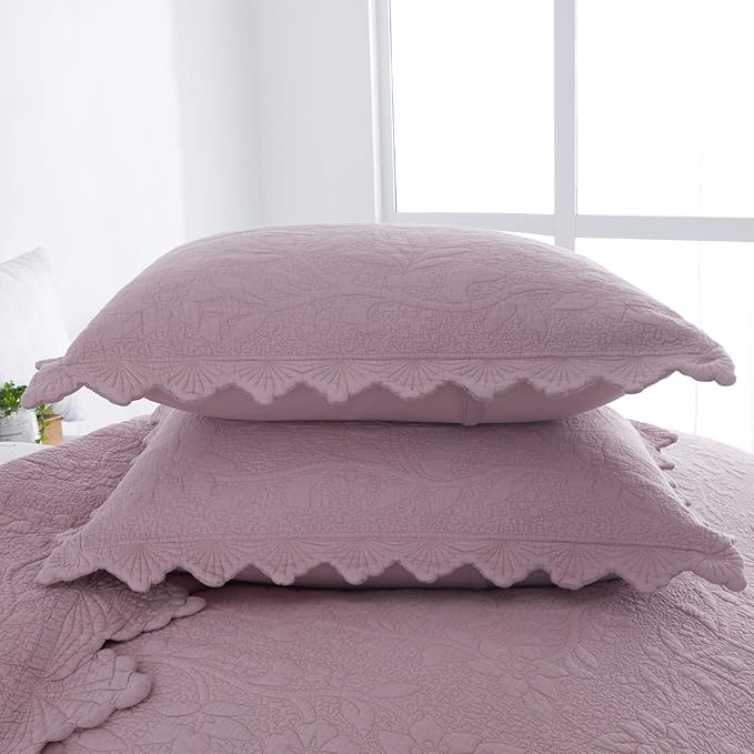 Brandream Queen Size Quilt Set Cotton Farmhouse Quilted Comforter Set Dusty Pink Vintage Matelasse Coverlet Set Antique Bedroom Set