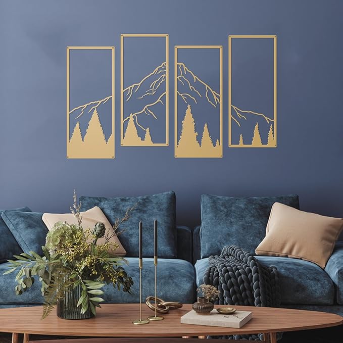 ruelen 4 Pcs Metal Mountain and Forest Wall Decor Line Drawing Wall Art Abstract Minimalist Wall Decor Rustic Nature Home Wall Art Sculpture for Home Office Bedroom Bathroom Living Room (Gold, Small)