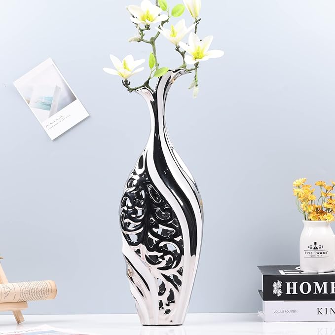 19 inch Floor Standing Large vase, Silver White Ceramic vase, Hollowed Out Large vase, Unique Pampas Grass vase Suitable for Living Room Floor, Home Office, Porch Home Center Decorative Large vase