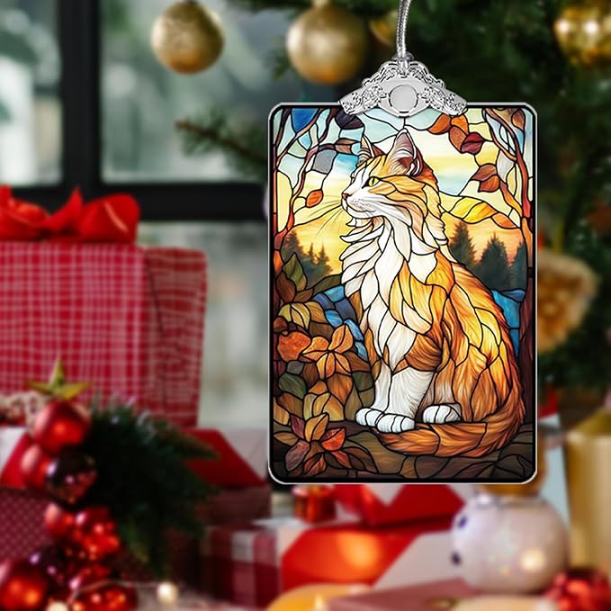 Orange Cat Stained Glass 2025 Christmas Ornament, Autumn Sunset-Inspired Christmas Tree Hanging Decoration for Pet Lovers, or Stocking Stuffer, 3.8 x 2.4 Inch