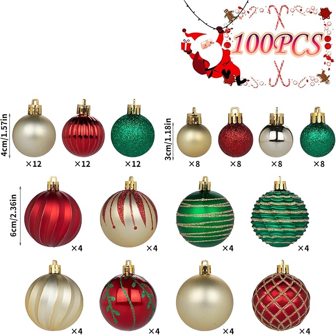 100Pcs Christmas Ball Ornaments Set, Assorted Shatterproof Christmas Ornament, Christmas Tree Theme Hanging Decoration for Xmas Tree/Holiday/Party/Home Decor (Gold & Red & Green)