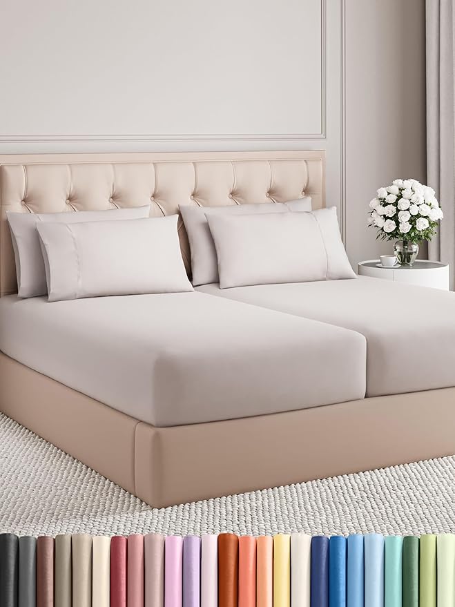 CGK Linens Split King 7 Piece Sheet Set - Cooling Sheets for Hot Sleepers - Hotel Luxury Bedding Set with 8-16 Inch Deep Pockets - 1 Flat & 2 Fitted & 4 Pillowcases - Soft & Wrinkle Free - Split King