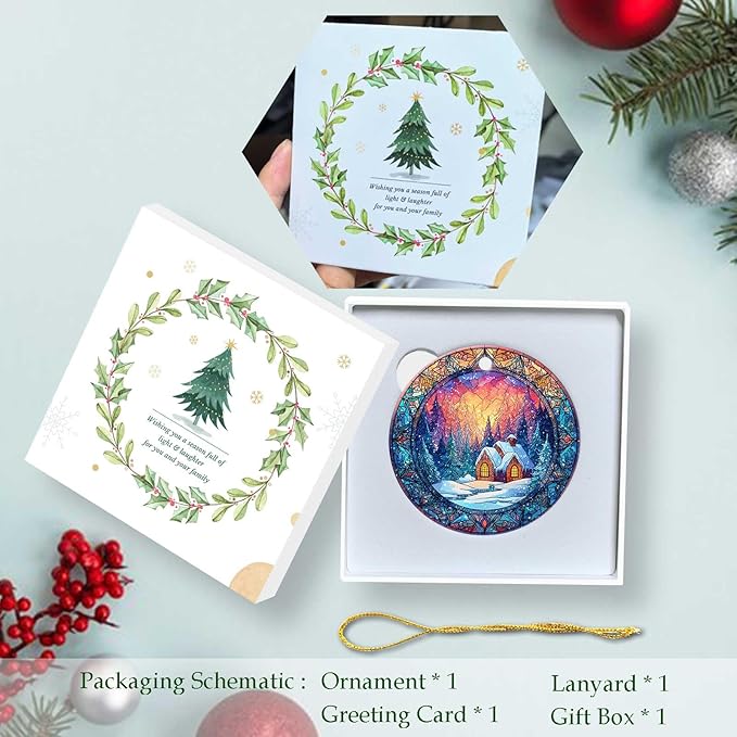 Happy Winter Ornaments Snow Village Round Ceramic Colorful Hanging Ornament Christmas Keepsake Decor for Xmas Tree Winter Holiday Xmas Gift for Women Men 3"