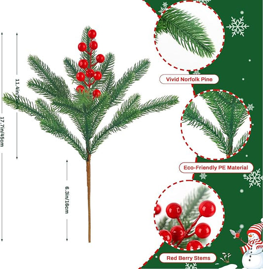 HOHOTIME 6 Pcs Christmas Pine Picks, Artificial Norfolk Pine Branches with Berry Stems, 17 inch Christmas Greenery Fake Foliage Pines Needles Picks for DIY Craft Xmas Decor Home Indoor Decoration