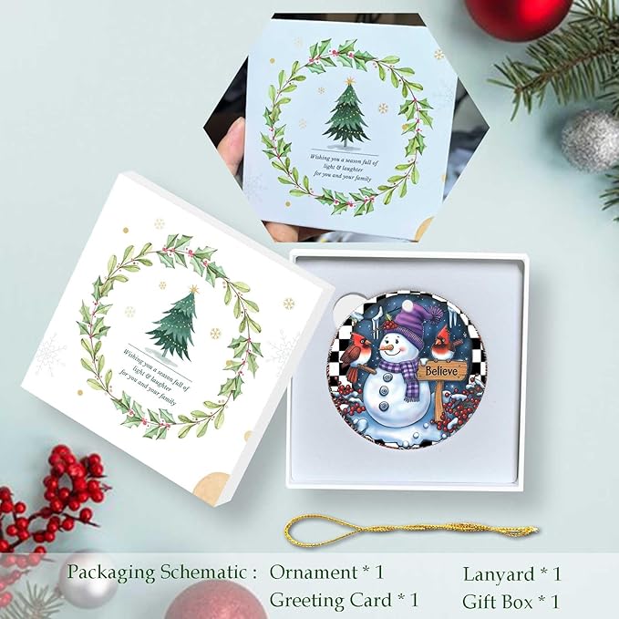Snowman Cardinal Ornaments Believe Round Ceramic Ornament Christmas Keepsake Decor for Christmas Tree Winter Holiday Xmas Gift for Women Men Hanging Ornament 3"