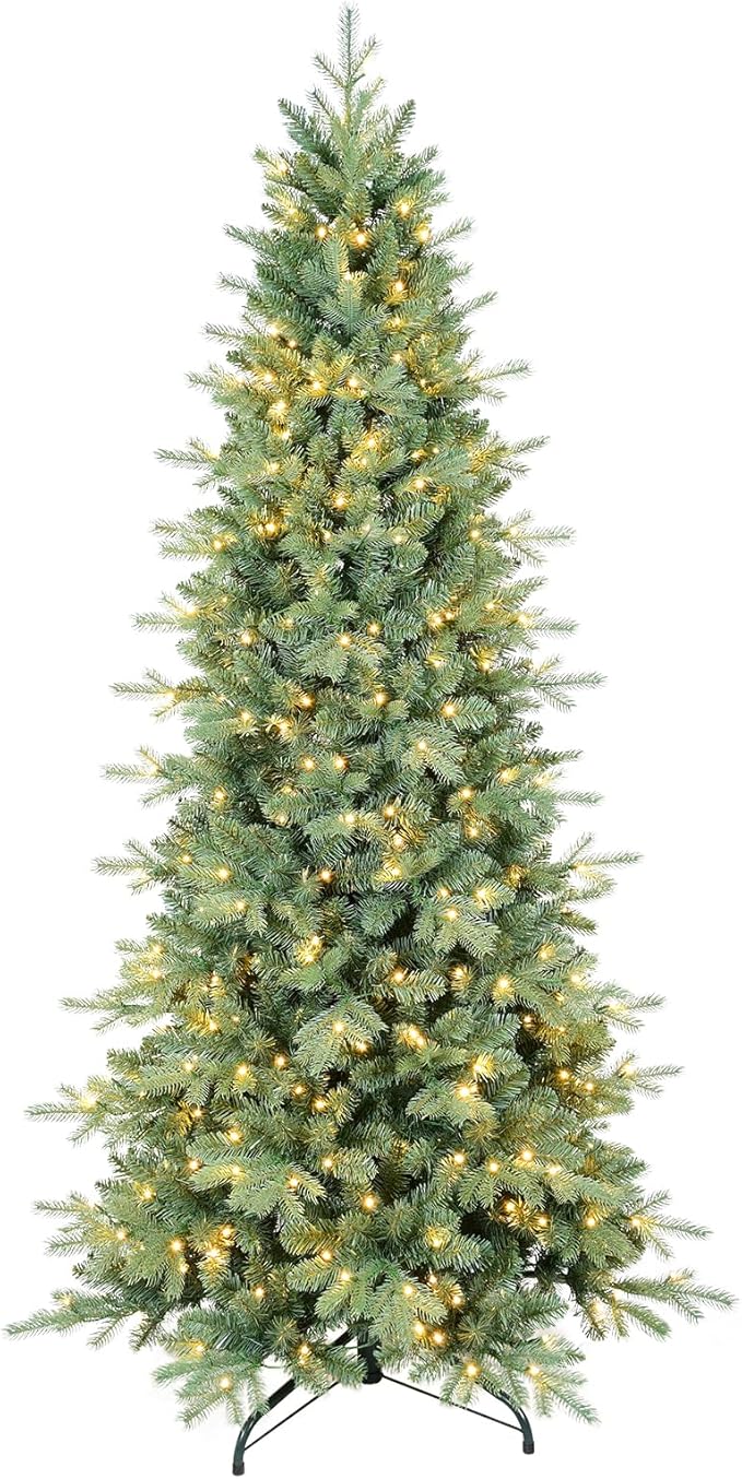 7 FT Pre-lit Artificial Skinny Christmas Tree,Blue Spruce Slim Christmas Tree with 1552 PE&PVC Mixed Branch Tips and 400 UL Listed Clear Lights,Hinged Xmas Tree with Metal Stand for Home Office Décor