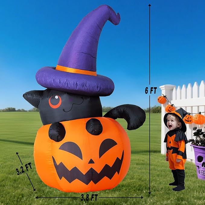 6 FT Halloween Inflatables Pumpkin Outdoor Decorations, Blow Ups Pumpkin Cat Decoration with Built-in Rotating Colorful LED Lights for Holiday Party Yard Garden Lawn