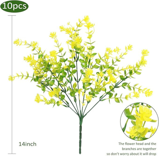 RECUTMS Spring Greenery 10 Bundles Artificial Fake Flowers, Artificial Boxwood Plants,Faux Outdoor Plastic Plants UV Resistant Shrubs Fake Outdoor Plants Outside Indoor Decorations(Yellow)