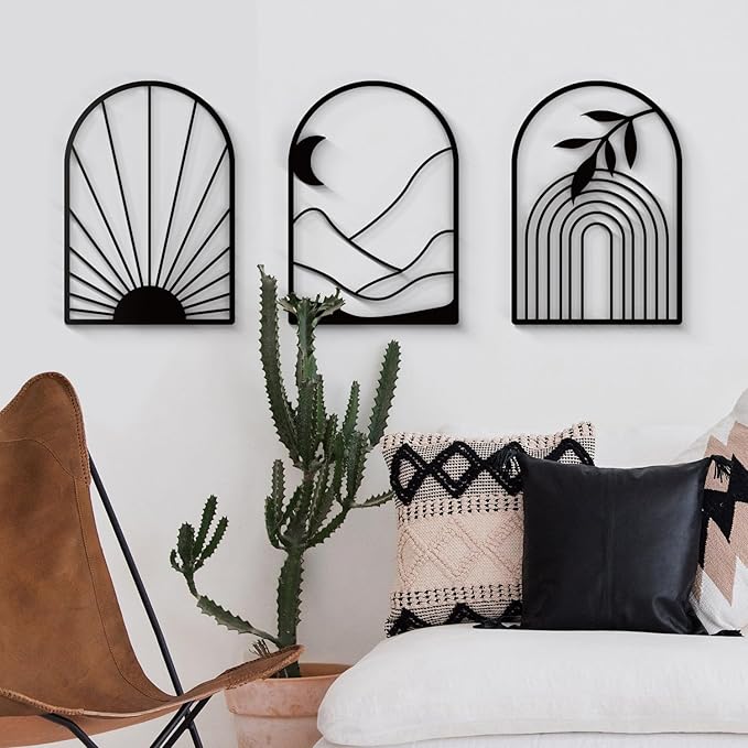 Sokurdeg Boho Metal Wall Decor Black Minimalist Line Wall Art Bohemian Wall Hanging for Bedroom Bathroom Living Room (3 Pack, 12 x 17 in)