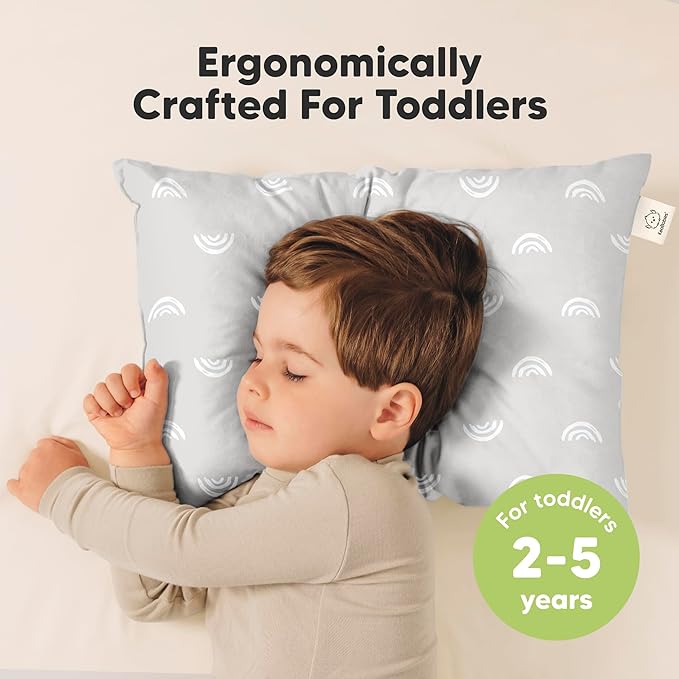 2-Pack Toddler Pillow - Soft Organic Cotton Toddler Pillows for Sleeping - 13X18 Small Pillow for Kids - Kids Pillows for Sleeping - Kids Pillow for Travel, School, Nap, Age 2 to 5 (Gray Rainbow)