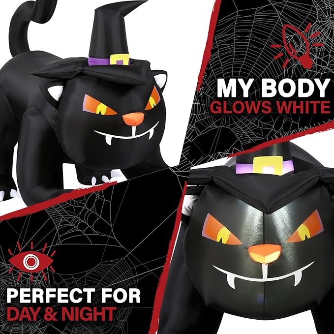 Haunted Hill Farm 6-ft. Wide Black Cat Blow Up with Lights, Outdoor Halloween Inflatable Decoration for Lawn and Yard, Giant Spooky Holiday Decor