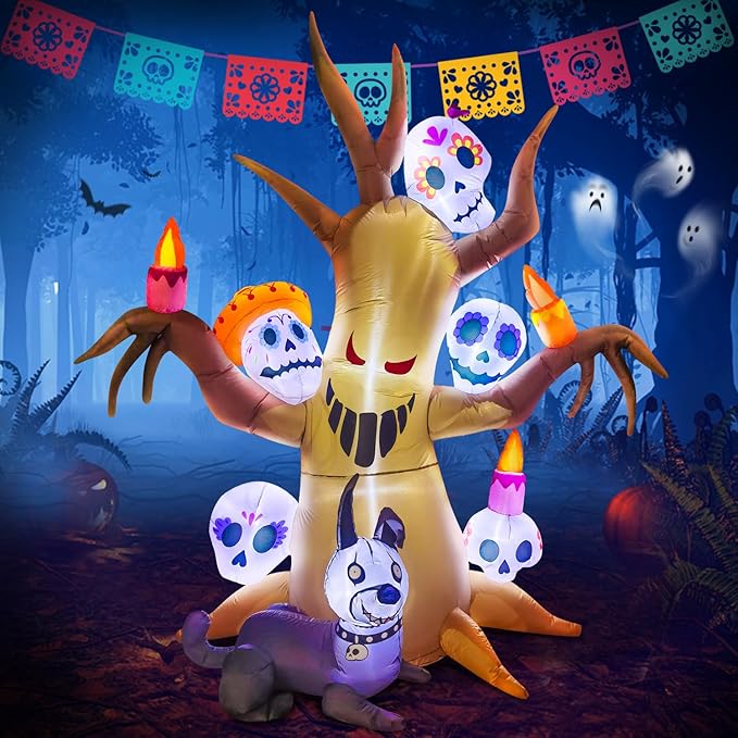 DomKom Tree Halloween Inflatable Blow Up Decorations, Dia de Los Muertos 8FT Day of The Dead Spooky Tree with Catrina Skull and Hairless Dog, Built-in LEDs for Holiday, Garden Lawn Yard Patio Décor