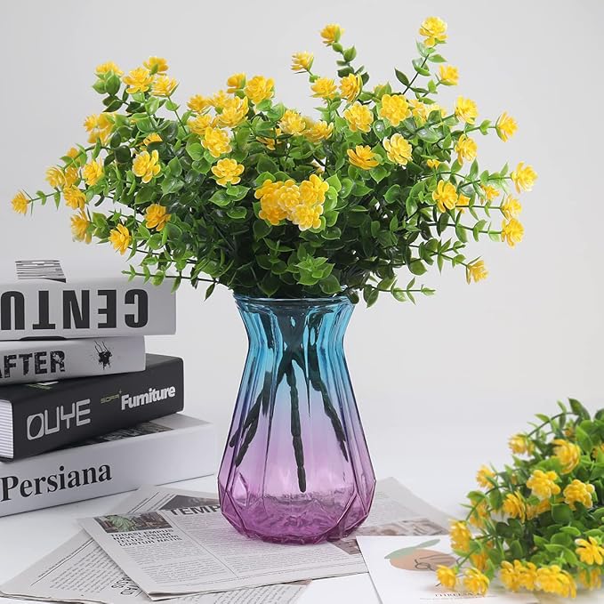 RECUTMS 12 Bundles Outdoor Artificial Flowers UV Resistant Fake Boxwood Plants, Faux Greenery for Indoor Outside Hanging Plants Garden Porch Window Box Home Wedding Farmhouse Décor(Yellow)