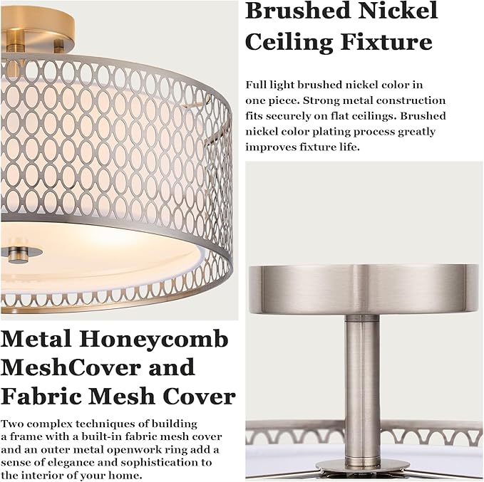 17" Semi Flush Mount Ceiling Light Fixture, Modern 3-Light E26 Double Drum Ceiling Lighting with White Fabric Lampshade and Gloden Iron Mesh Cage for Living Room Bedroom, Brushed Nickel