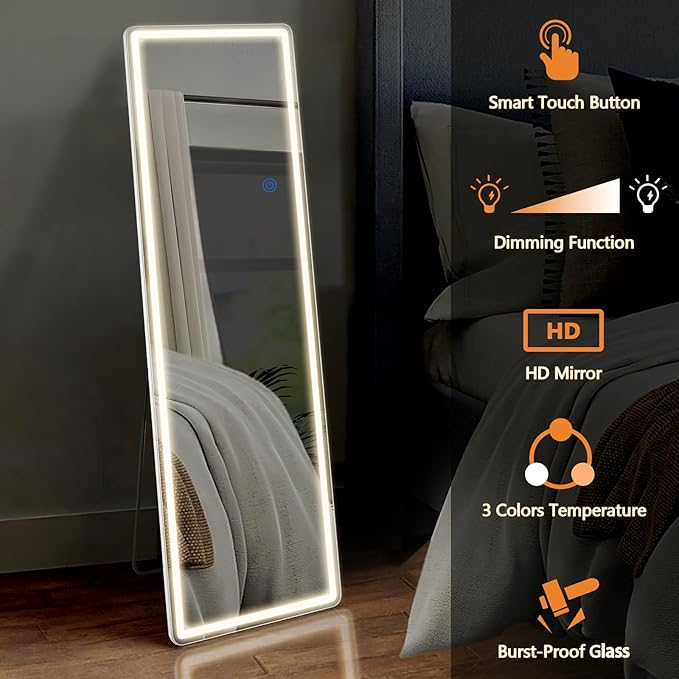 Sweetcrispy 64"x21" Mirror Full Length Standing Mirror with LED Lights, Lighted Floor Mirror with Stand, w/Dimming & 3 Color Lighting, Wall Mirror Full Length Aluminum Alloy Thin Frame, White