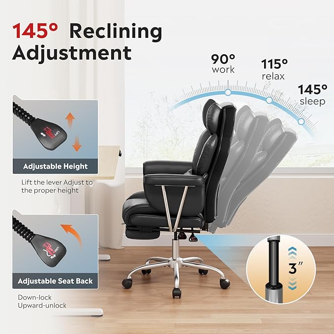 DEVAISE Executive Ergonomic Leather Home Office Chair with Footrest, Comfy Reclining Big and Tall Desk Chair with Lumbar Support, Heavy Duty, SGS Class 4 Gas Lift, Black