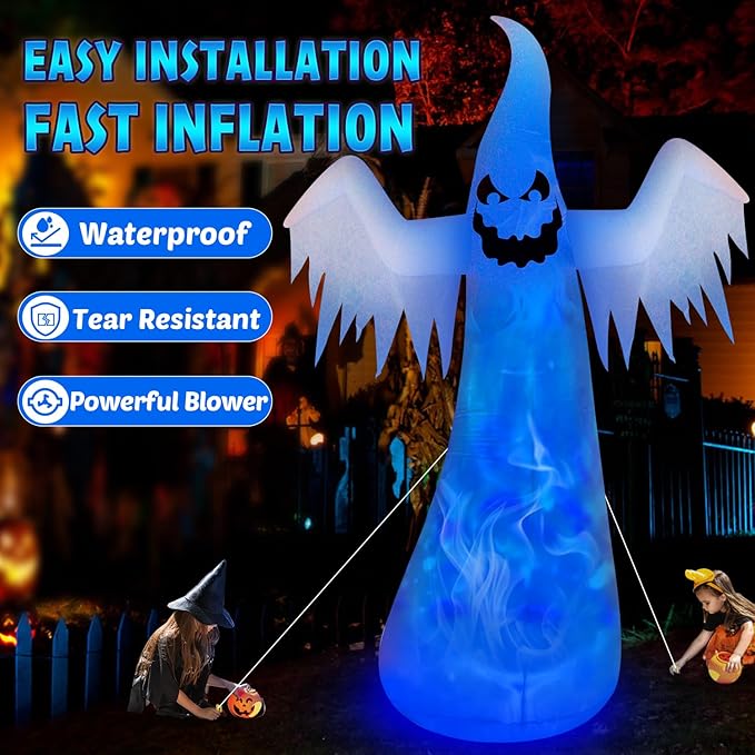 12FT Giant Halloween Inflatables Decorations Outdoor Ghost Built-in 3-Color Changing Rotating Flame LEDs Blow Up Yard Inflatables Halloween Large Scary Spooky for Outside Patio Lawn