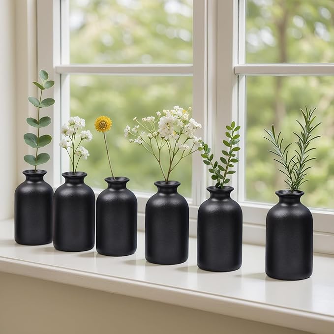 Black Vase for Flowers-Set of 6 Ceramic Small Bud Vases for Flowers & House Plants, Modern Minimalist Decorative Vases, Ceramic Vases for Centerpieces, Home, Shelf, Office, Table, Mantel Decor
