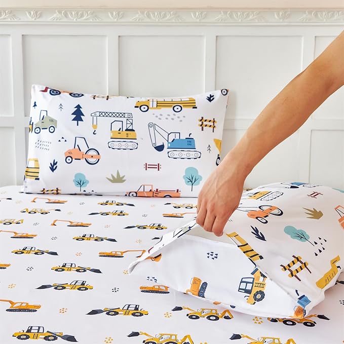RYNGHIPY Full Sheets Set Kids Boys: Construction Excavator Bed Sheet Set for Toddler Children - Deep Pocket Wrinkle Free Bedding Set (White Yellow,Full)