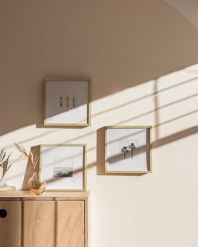 HAUS AND HUES 10x10 Gold Metal Picture Frames Matted to 5x5 - Features Premium Aluminum & Hanging Hardware, Shatterproof Plexiglass - Ideal for Home, Room, Office (10x10 in, Gold, Set of 3)