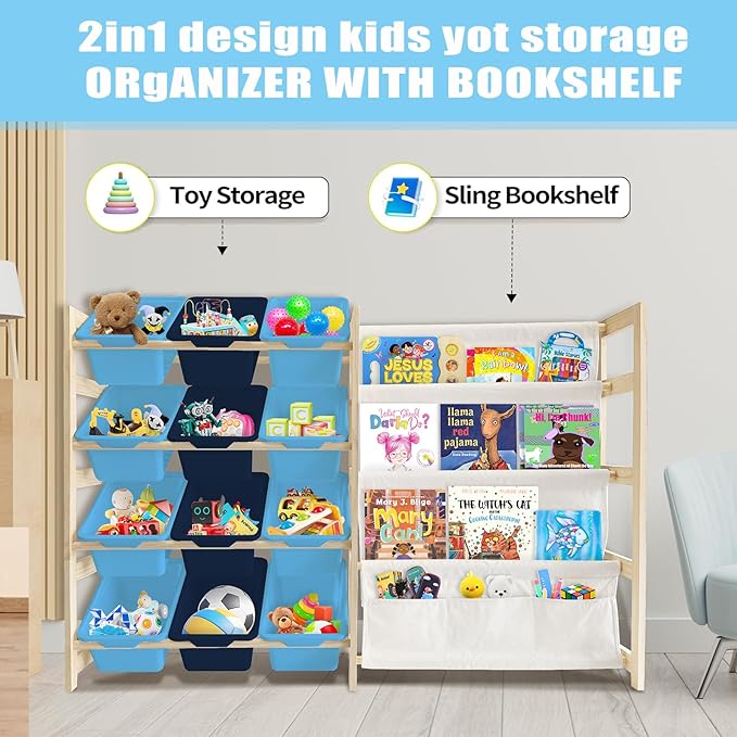 Toy Storage Organizer with Bookshelf - 12 Storage Bins 4-Tier Multipurpose Shelf to Organize Toys and Books for Kids Room, Playroom, Nursery Room, Blue