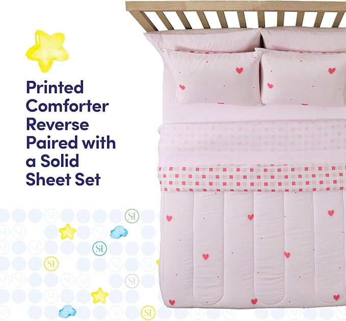Heart Comforter Set Full Size for Girls – Soft Pink Bed in a Bag with Sheets, Pillowcases & Shams – Cute Kids Bedding with Love Hearts Design – Cozy Microfiber for Child or Tween Bedroom Decor