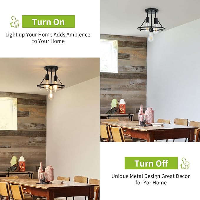 WILON Semi Flush Mount Ceiling Light 3-Light Ceiling Light Fixtures - Black Hallway Light Fixtures Farmhouse Industrial Kitchen Light Fixtures E26 Socket Ceiling Lamp for Foyer