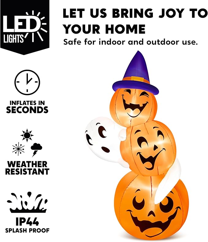 Joiedomi 6 FT Tall Halloween Inflatable Outdoor Decorations, Pumpkin Inflatable Halloween Decor Outdoor, Blow Ups Ghost and Pumpkins with Witch Hat for Cute Decorations Outdoor