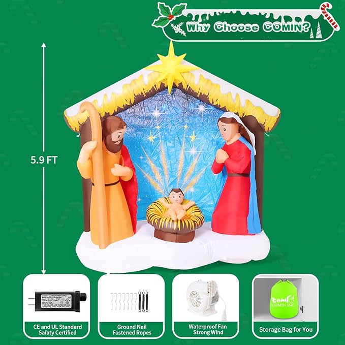 COMIN 5.9 FT Christmas Inflatables Outdoor Decorations Inflatable Nativity Scene Joy Jesus Blow Ups with Built-in LEDs for Yard Party Lawn Decor