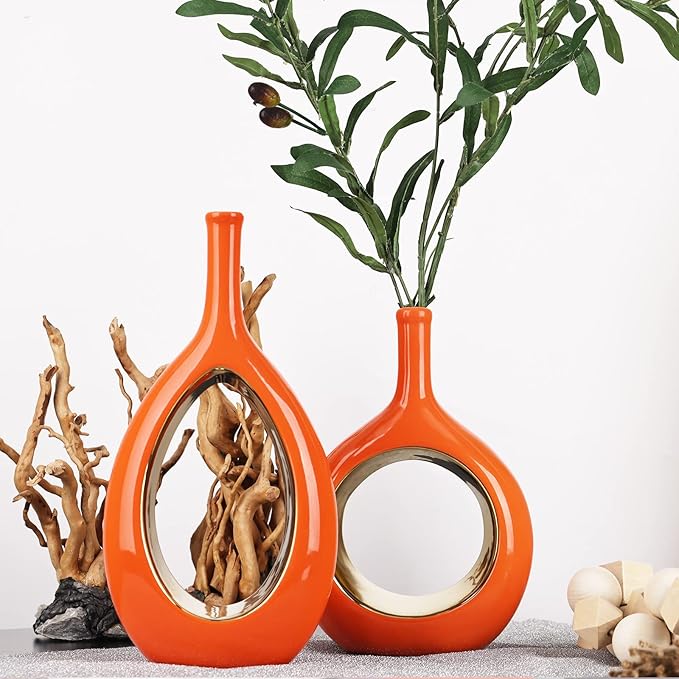 XMGZQ Ceramic Orange and Gold Vase Set of 2, Modern Vases for Home Decor, Centerpieces, Housewarming Gift, Living Room Dining Table, Flowers