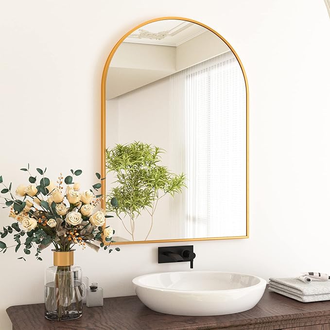 HARRITPURE 24"x36" Arched Bathroom Mirror - Wall Mounted Mirror - Gold Arch Mirror - Aluminum Alloy Frame Bathroom Mirror Living Room, Bedroom, Bathroom and Entryway