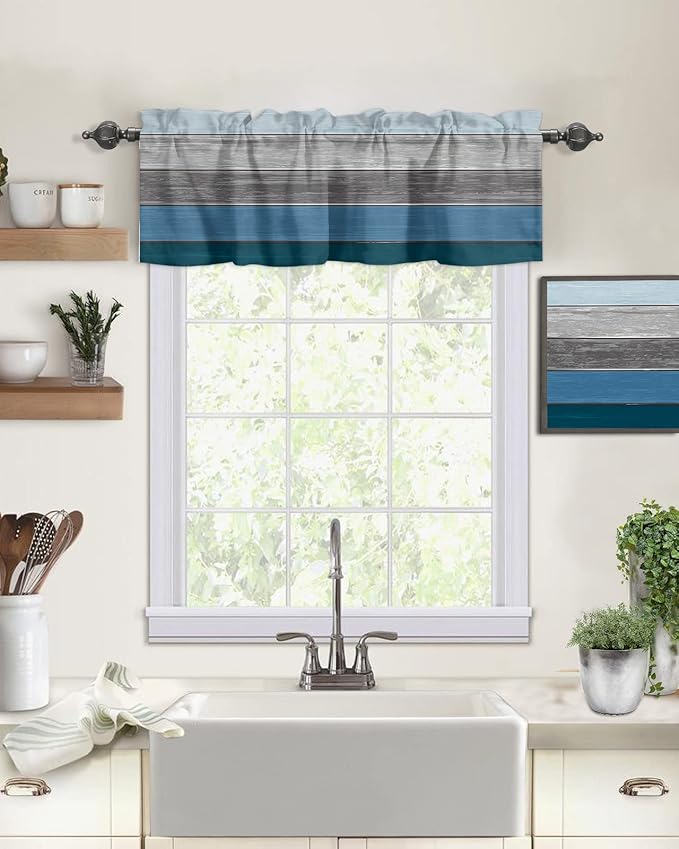 Farmhouse Kitchen Curtains Valances for Windows ,Blue Gray Ocean Hues Rod Pocket Country Window Treatment for Kitchen /Living Room/Bedroom/ Bathroom,42" X 18" -1 Panel, Retro Rustic Barn Wood Texture