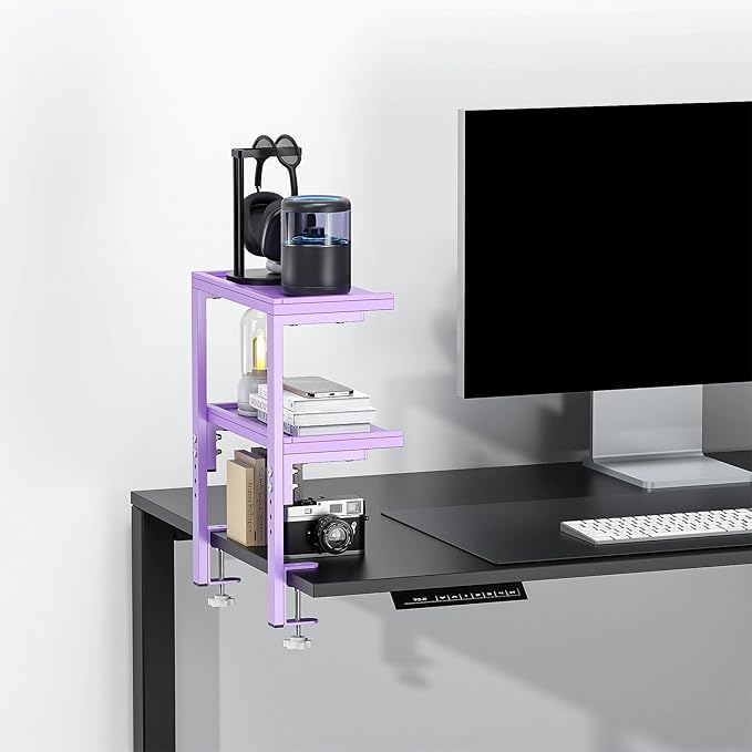 2-Tier Desk Shelf, Expandable Under Desk Storage, Clamp on Desk Shelf, Desktop Accessories for Offices, Study Rooms, and Game Rooms (Purple)