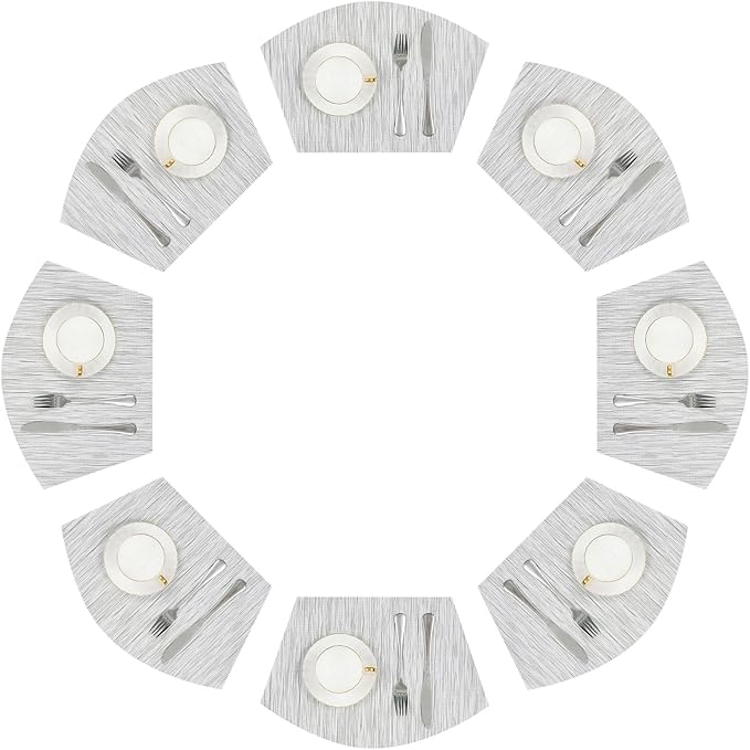 SHACOS Wedge Placemats Set of 8 Woven Vinyl Placemats for Round Table Place Mats Wipe Clean Non Slip Table Mats, Gray White