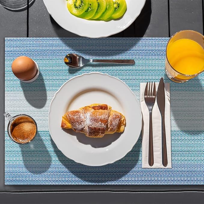 HeloHo Blue Placemats Set of 6,Stain-Resistant Kitchen Table Mats Washable Placemats Crossweave Woven Vinyl Placemat for Kitchen Dining Table