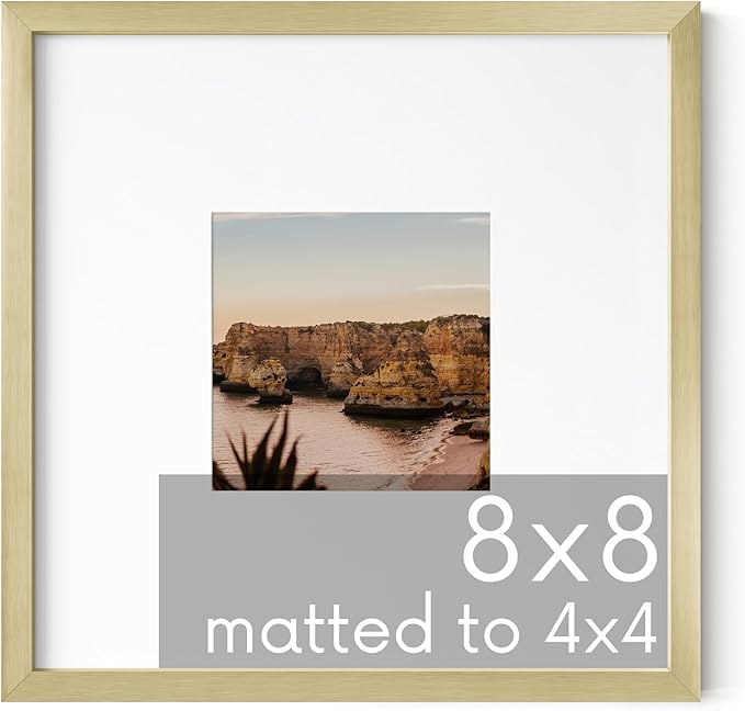 HAUS AND HUES 8x8 Gold Metal Picture Frame Matted to 4x4 - Features Premium Aluminum & Hanging Hardware, Shatterproof Plexiglass - Ideal for Home, Room, Office (8x8 in, Gold, Set of 1)