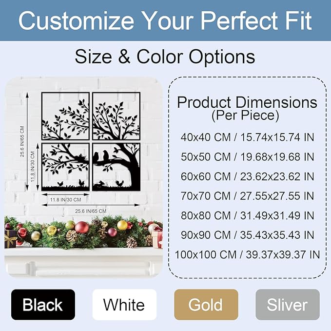 ruelen Wall Decor 4 Pieces Metal Birds and Branch Wall Art, Tree of Life Metal Wall Art, Black Leaves with Birds Silhouette Hanging Wall Sculpture For Indoor Home Bedroom Living Room Office Outdoor