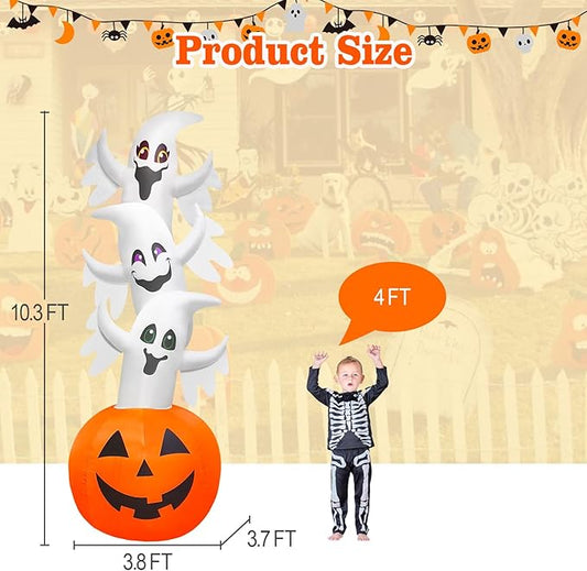 10.3FT Halloween Inflatable Overlap Ghost Decoration, Three Blow up Ghosts Jumped Out of Halloween Pumpkin Built-in Colorful LED for Halloween Inflatables Outdoor Decoration Party Yard Decor