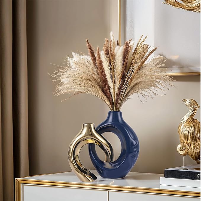 Blue Gold Ceramic Vase Set of 2 for Modern Home Decor,Round Boho Vase for Pampas Grass,Neutral Minimalist Vase for Dining Room Table Centerpiece Dining Room,Wedding Table Decoration