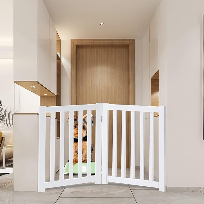 LZRS 2-Panel Wooden Free Standing Foldable Dog Gate – Solid Hardwood 24" High, Step-Over Safety Pet Gate for Doorways, Stairs & Small Spaces - Indoor Use, White