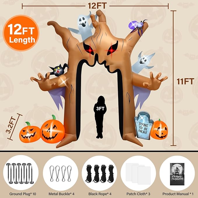Kalolary 12FT Halloween Inflatables Archway Ghost Tree Outdoors Decoration, Dead Tree Arch Inflatable with Pumpkin Bat Spider Blow Up Yard Decoration with Build-in Lights for Garden Lawn Outdoor Decor