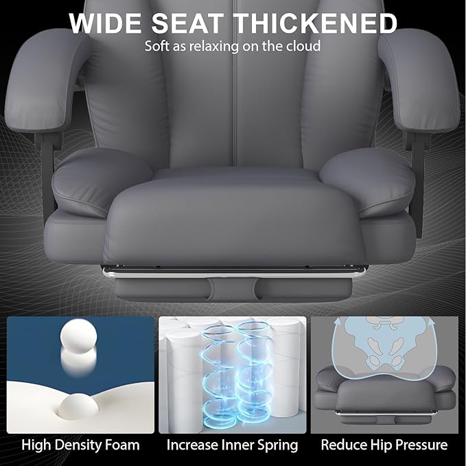 Big and Tall Office Chair, Ergonomic Leather High Back Executive Computer Chair with Retractable Footrest, Adjustable Headrest, Padded Arms, 360°Swivel Free, 90-135°Reclining, 500lbs Wide Seat, Gray